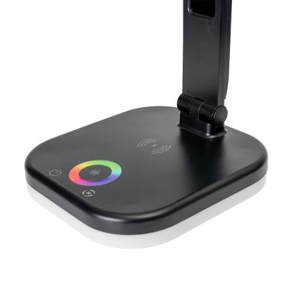 LED RGBW Pritemdoma lempa su belaidžiu įkrovimu, ekranu, LCD ekranas ir USB prievadas MAGNUS LED/6W/5V 3000-6500K juoda
