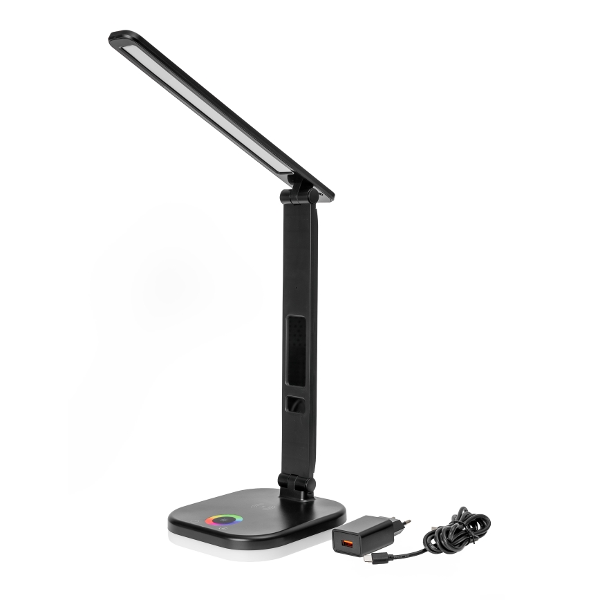 LED RGBW Pritemdoma lempa su belaidžiu įkrovimu, ekranu, LCD ekranas ir USB prievadas MAGNUS LED/6W/5V 3000-6500K juoda