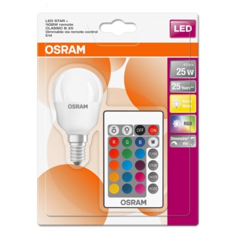 LED RGBW Pritemdoma lemputė STAR E14 / 4,5W / 230V 2700K + RC - Osram