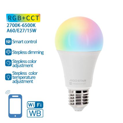 LED RGBW Reguliuojama lemputė A60 E27/15W/230V 2700-6500K Wi-Fi - Aigostar