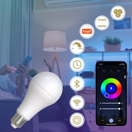 LED RGBW Reguliuojama lemputė A60 E27/15W/230V 2700-6500K Wi-Fi Tuya