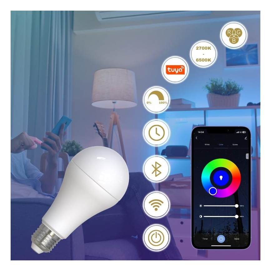 LED RGBW Reguliuojama lemputė A60 E27/15W/230V 2700-6500K Wi-Fi Tuya