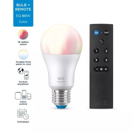 LED RGBW Reguliuojama lemputė A60 E27/8,5W/230V 2200-6500K  CRI 90 Wi-Fi + nuotolinio valdymo pultas - WiZ