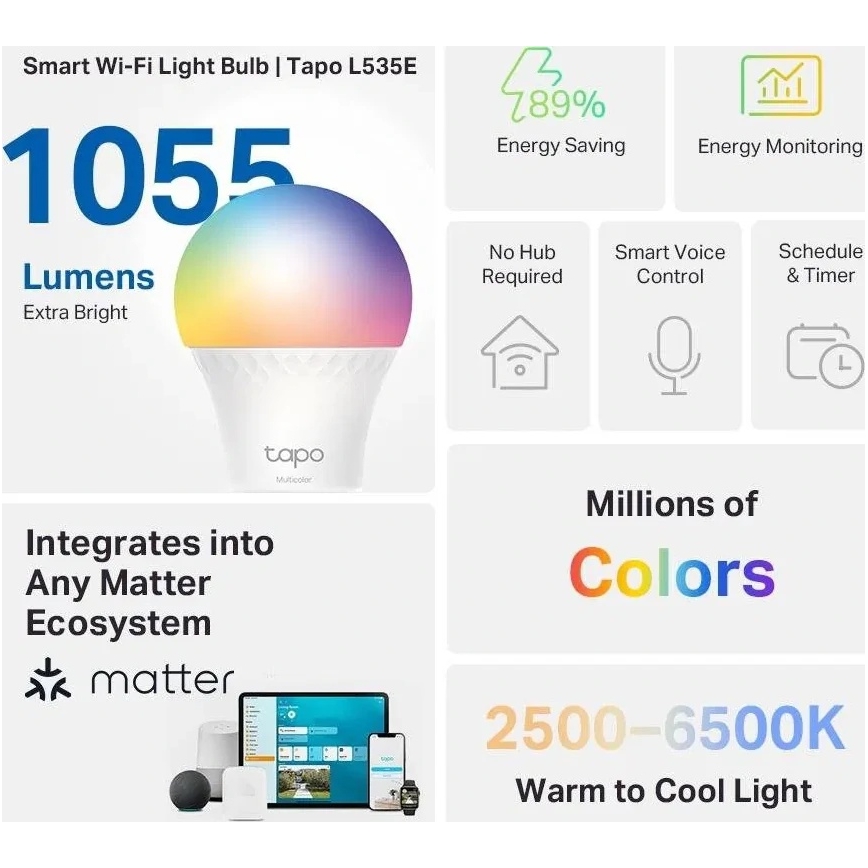 LED RGBW dimeriuojama lemputė MATTER A60 E27/8,6W/230V 2500-6500K Wi-Fi - TP-Link