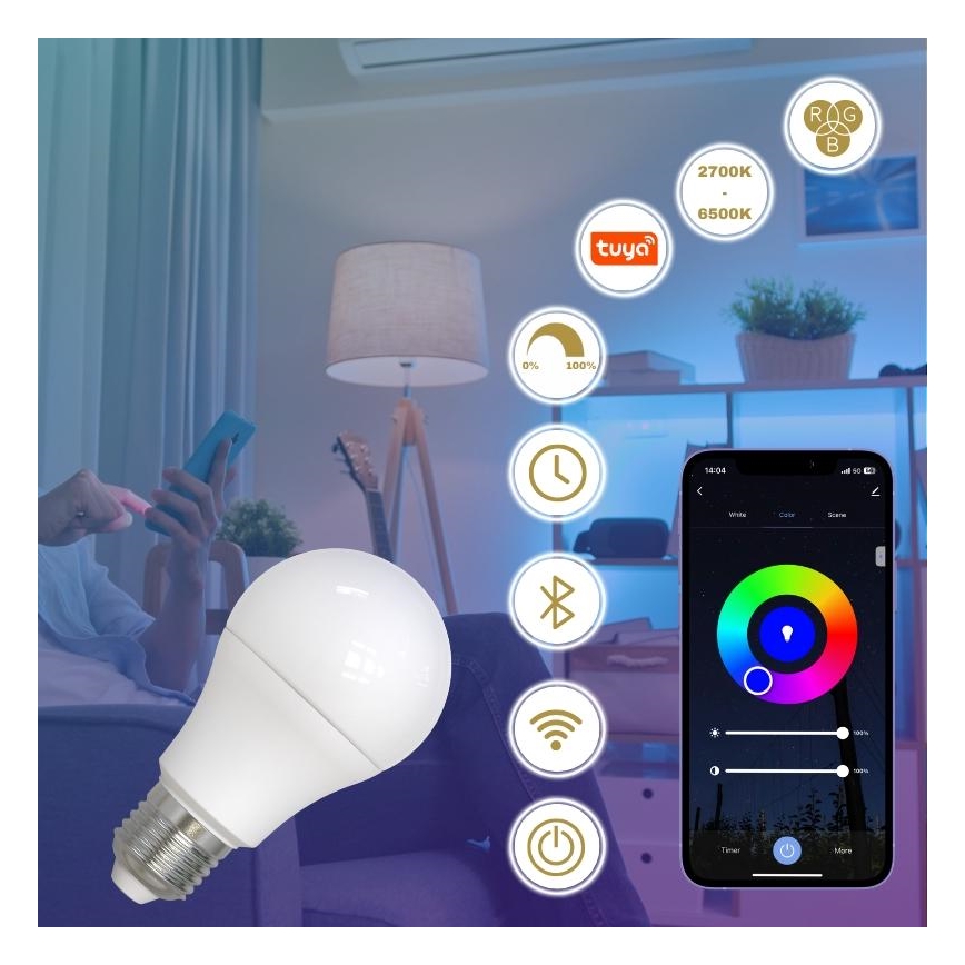 LED RGBW Reguliuojama lemputė A60 E27/9W/230V 2700-6500K Wi-Fi Tuya