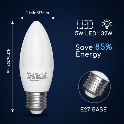 LED RGBW Reguliuojama lemputė C37 E27/5W/230V 3000-6500K Wi-Fi - Aigostar