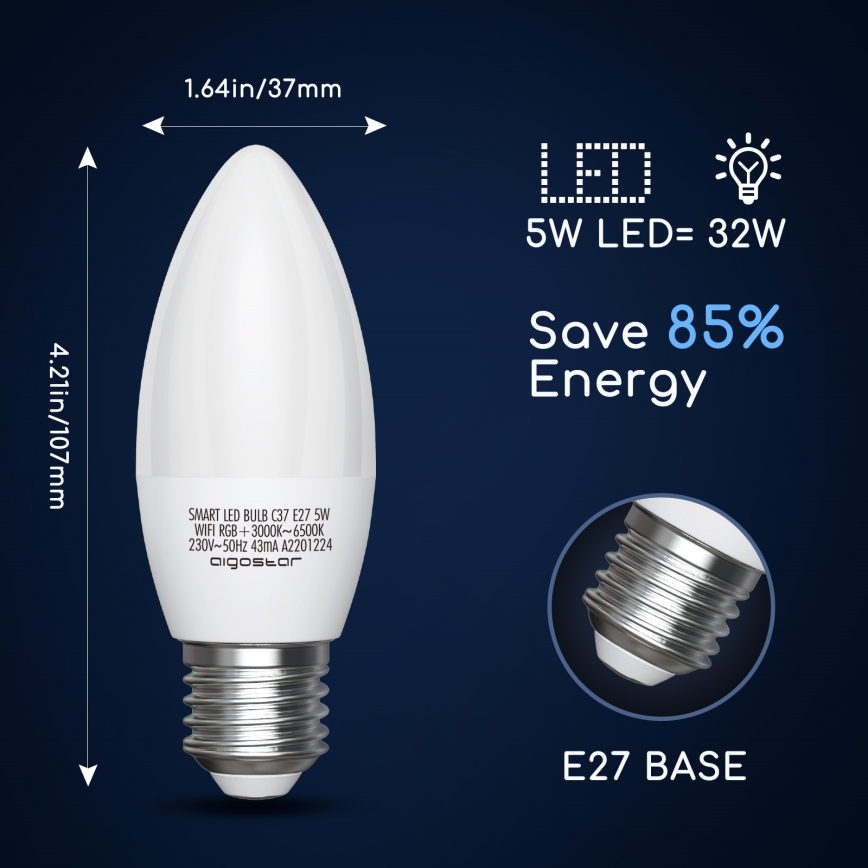 LED RGBW Reguliuojama lemputė C37 E27/5W/230V 3000-6500K Wi-Fi - Aigostar