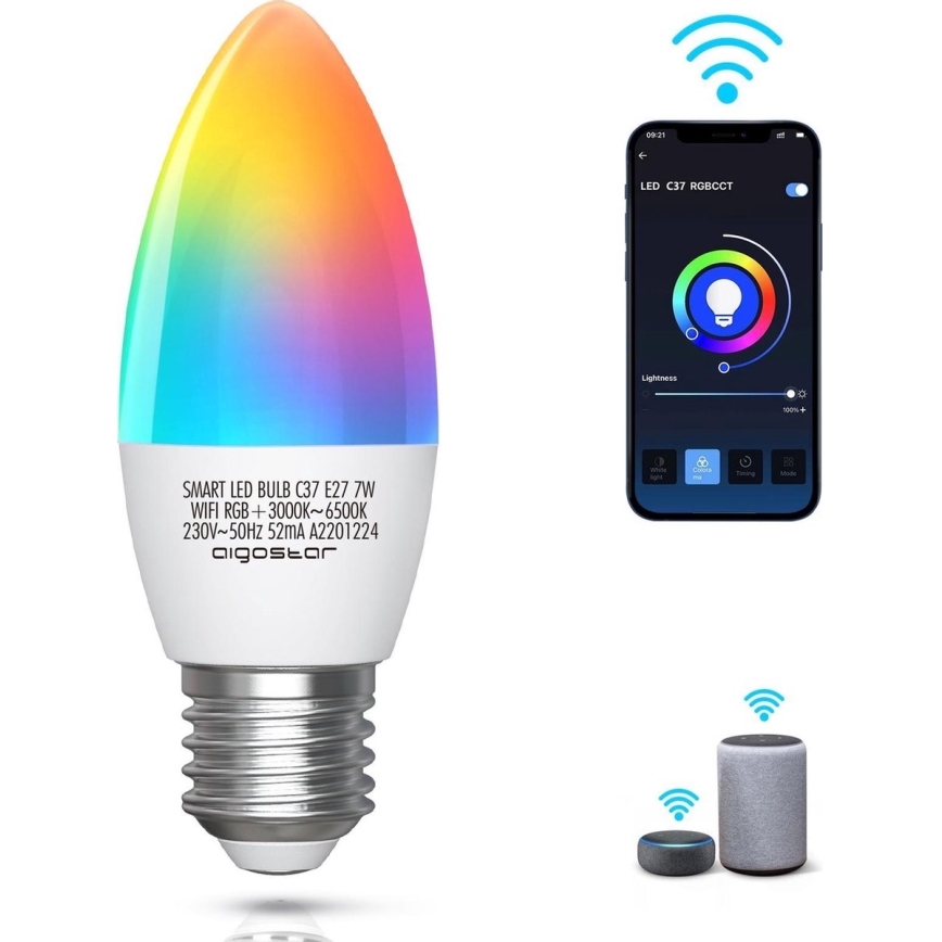 LED RGBW Reguliuojama lemputė C37 E27/7W/230V 3000-6500K Wi-Fi - Aigostar