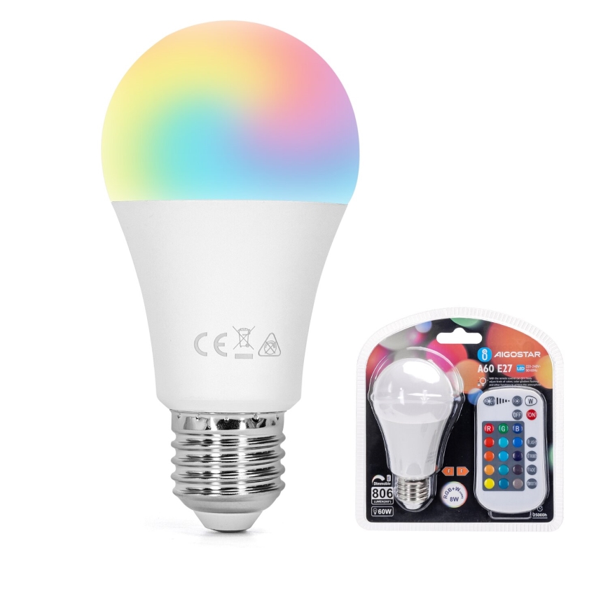 LED RGBW Reguliuojama lemputė E27/8W/230V 3000K + nuotolinio valdymo pultas - Aigostar