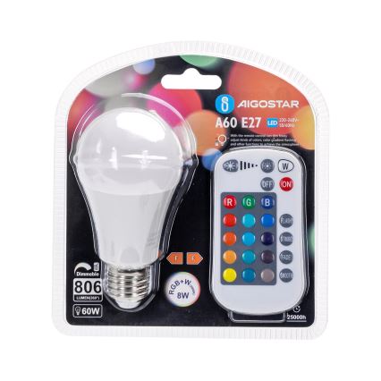 LED RGBW Reguliuojama lemputė E27/8W/230V 3000K + nuotolinio valdymo pultas - Aigostar