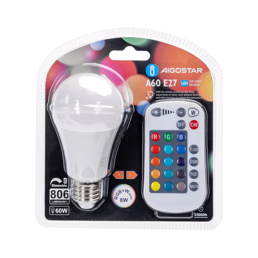 LED RGBW Reguliuojama lemputė E27/8W/230V 3000K + nuotolinio valdymo pultas - Aigostar
