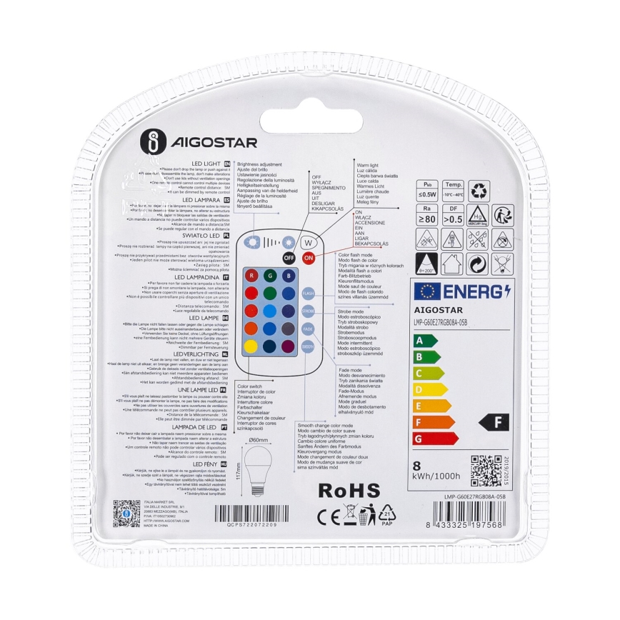 LED RGBW Reguliuojama lemputė E27/8W/230V 3000K + nuotolinio valdymo pultas - Aigostar