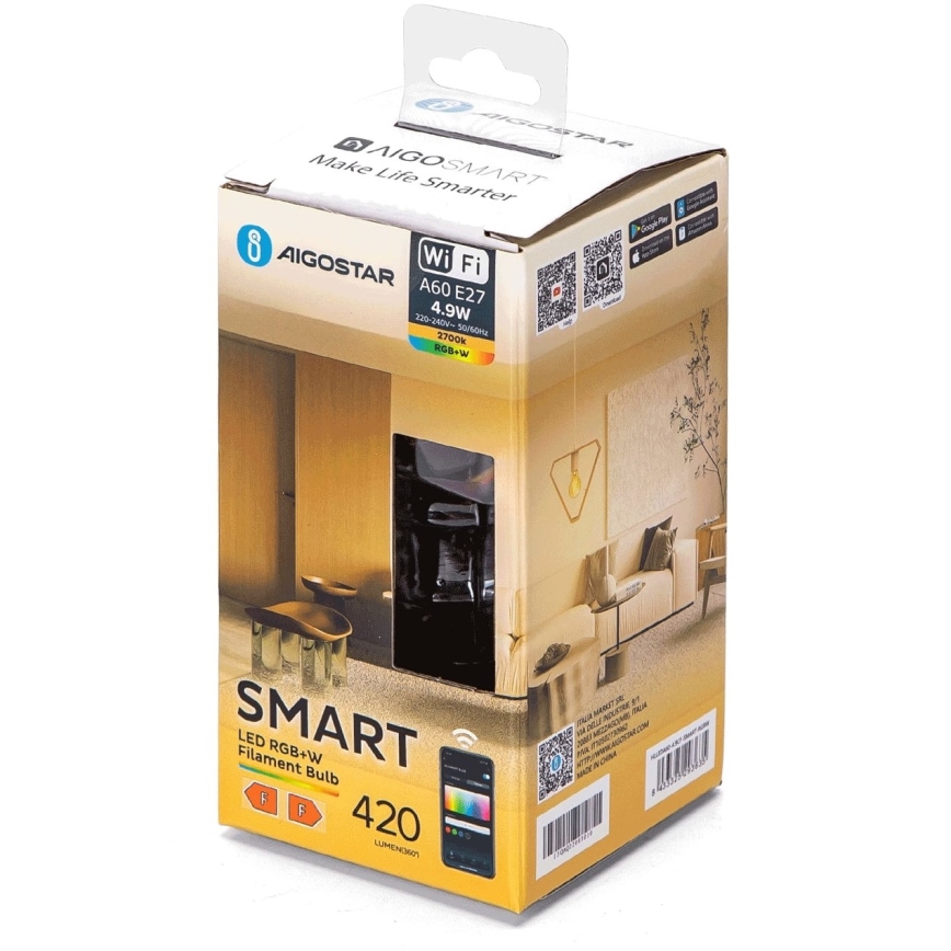 LED RGBW Reguliuojama lemputė FILAMENT A60 E27/4,9W/230V 2700K Wi-Fi - Aigostar