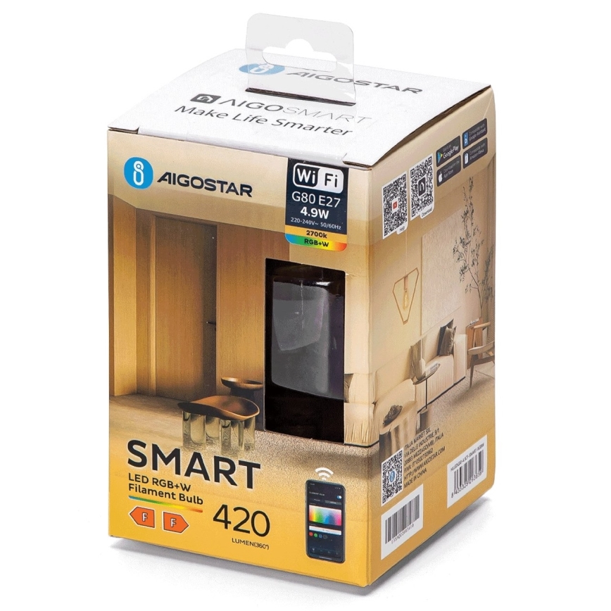 LED RGBW Reguliuojama lemputė FILAMENT G80 E27/4,9W/230V 2700K Wi-Fi - Aigostar