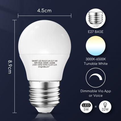 LED RGBW Reguliuojama lemputė G45 E27/5W/230V 3000-6500K Wi-Fi - Aigostar