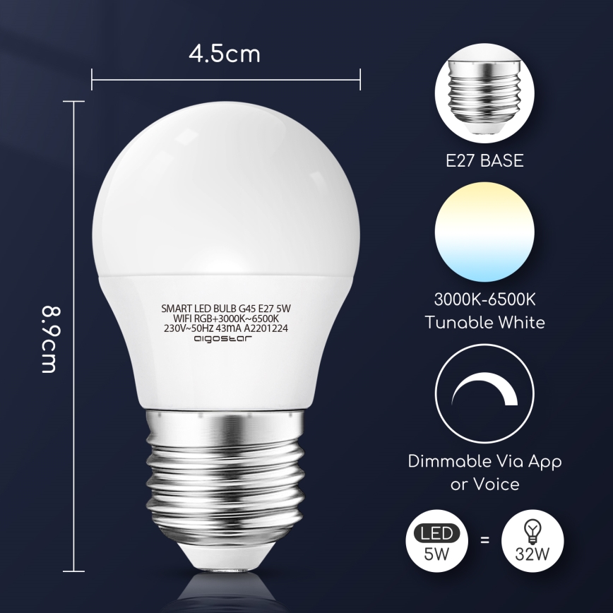 LED RGBW Reguliuojama lemputė G45 E27/5W/230V 3000-6500K Wi-Fi - Aigostar