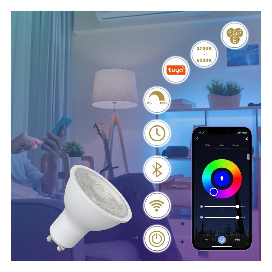 LED RGBW Reguliuojama lemputė GU10/4,5W/230V 2700-6500K Wi-Fi Tuya