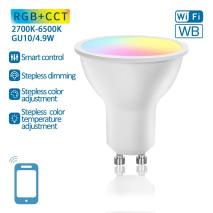 LED RGBW Reguliuojama lemputė GU10/4,9W/230V 2700-6500K Wi-Fi - Aigostar