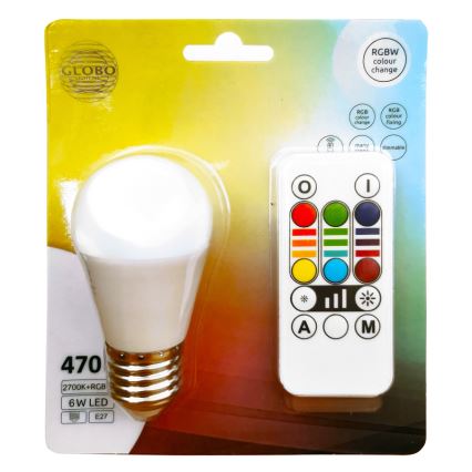 LED RGBW Reguliuojama lemputė E27/6W/230V 3000K + nuotolinio valdymo pultas - Globo