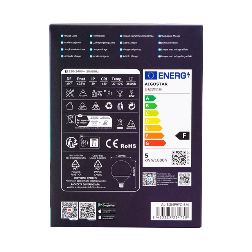 LED RGBW Reguliuojama lemputė MESH G120 E27/4,9W/230V 2700-6500K + nuotolinio valdymo pultas - Aigostar