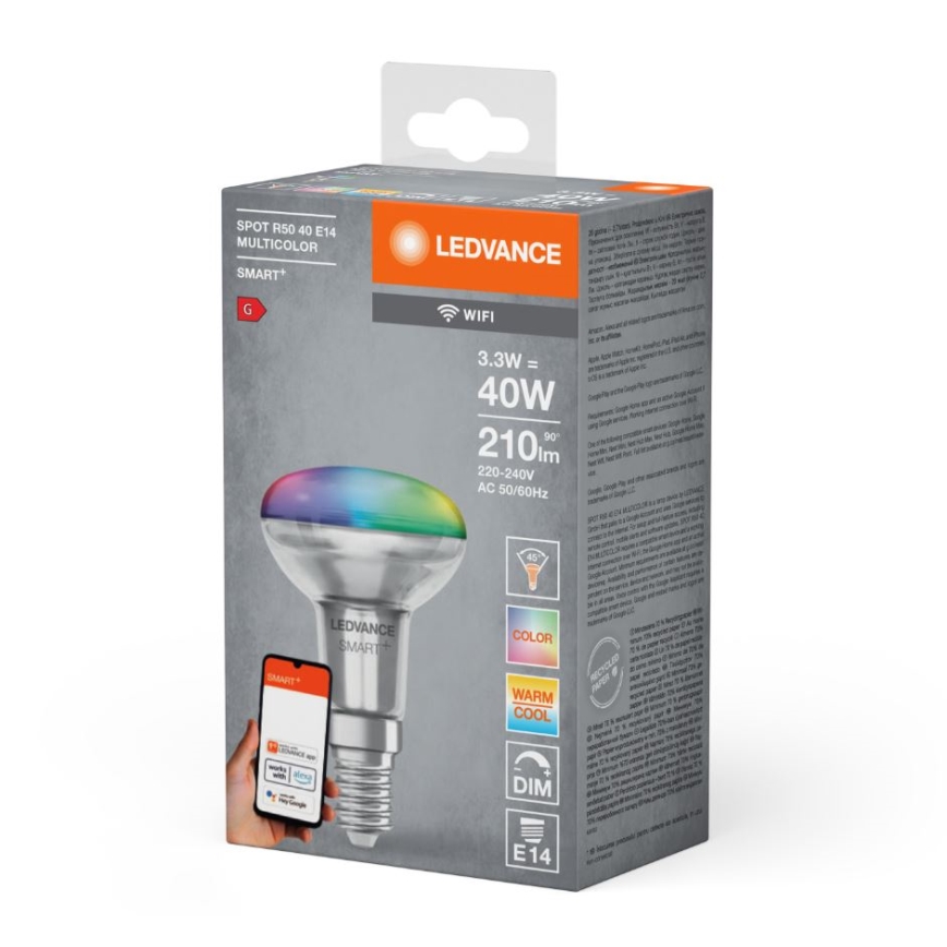 LED RGBW reguliuojama prožektoriaus lemputė SMART+ R50 E14/3,3W/230V 2700-6500K Wi-Fi - Ledvance