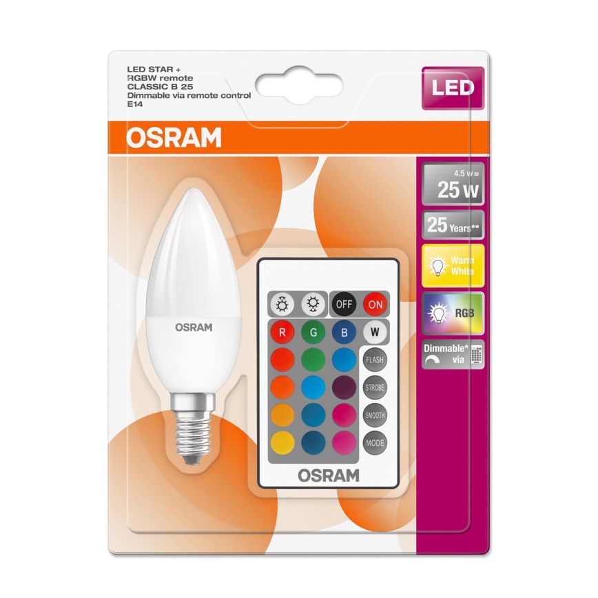 LED RGBW Reguliuojama lemputė STAR E14/4,5W/230V 2700K + valdymo pultas – Osram