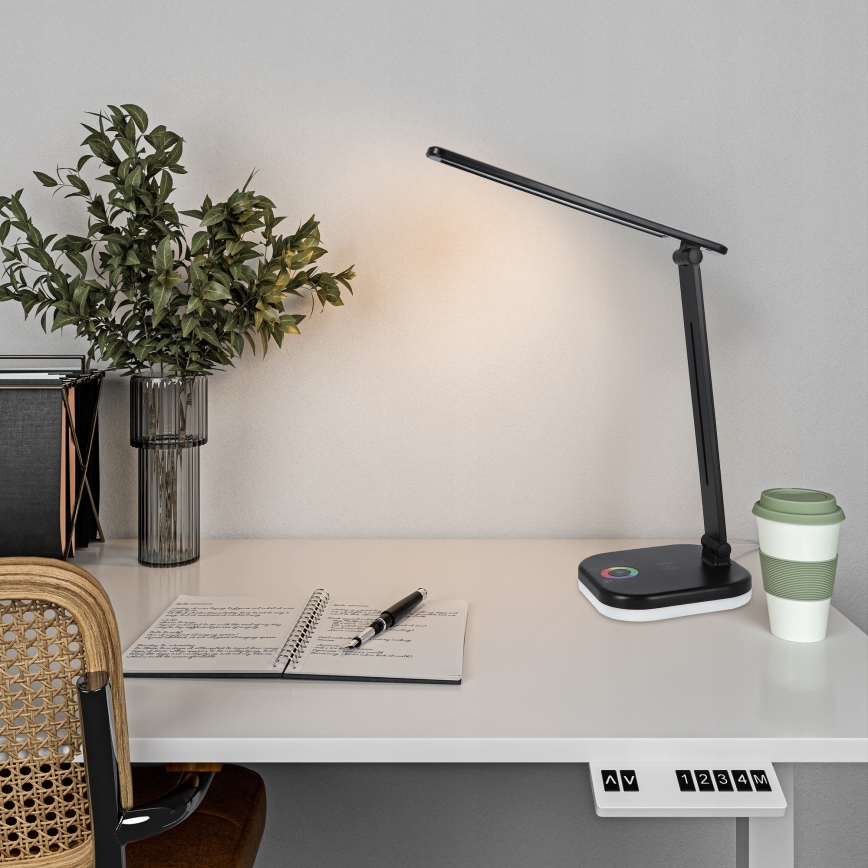 LED RGBW reguliuojama stalinė lempa su belaidžiu įkrovimu LED/7W/5V USB juoda