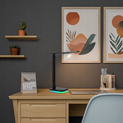 LED RGBW reguliuojama stalinė lempa su belaidžiu įkrovimu LED/7W/5V USB juoda