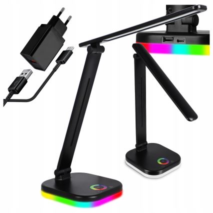 LED RGBW reguliuojama stalinė lempa su belaidžiu įkrovimu LED/7W/5V USB juoda
