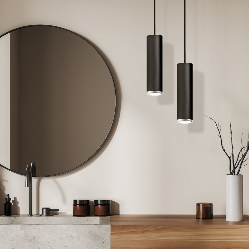 LED RGBW reguliuojamas vonios pakabinamas šviestuvas ant laido TURYN 1xGU10/6W/230V 3000K IP44 juodas + nuotolinis valdiklis