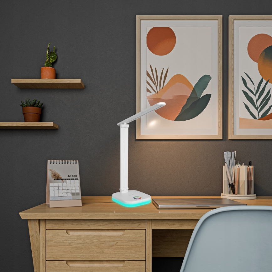 LED RGBW stalo lempa su reguliuojamu ryškumu ir belaidžiu įkrovimu LED/7W/5V USB balta