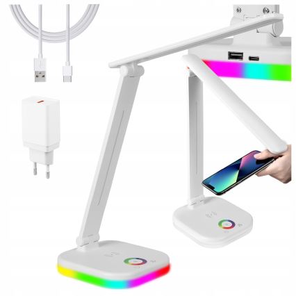 LED RGBW stalo lempa su reguliuojamu ryškumu ir belaidžiu įkrovimu LED/7W/5V USB balta
