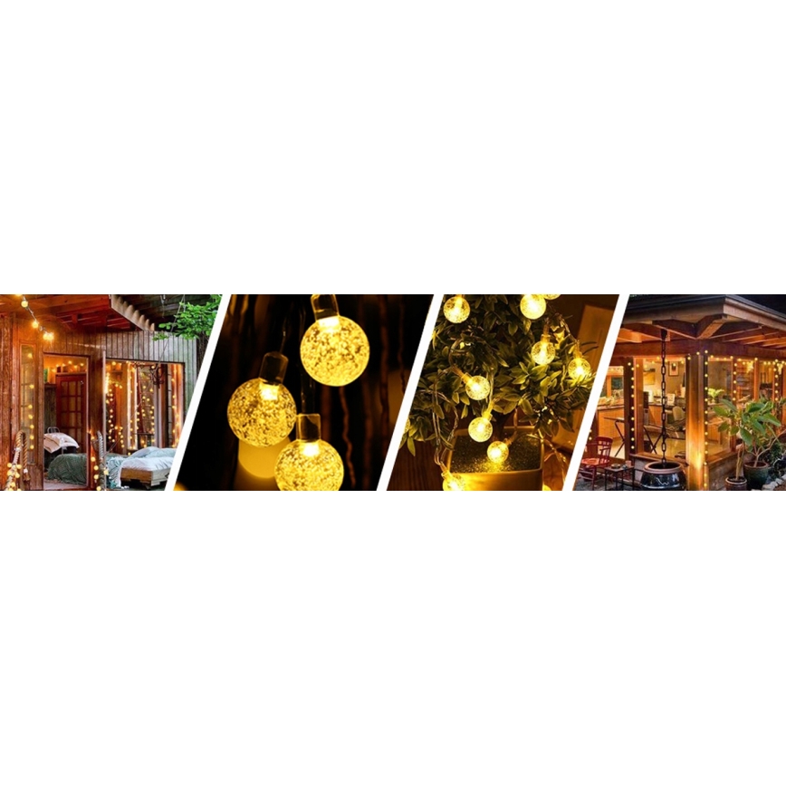 LED saulės dekoratyvinė girlianda, 50 LED / 8 režimai, 500 mAh, 9,5 m, IP67, šiltai balta