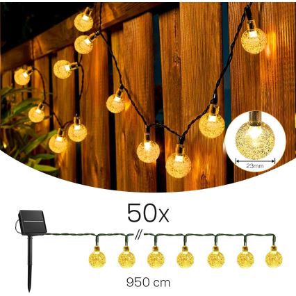 LED saulės dekoratyvinė girlianda, 50 LED / 8 režimai, 500 mAh, 9,5 m, IP67, šiltai balta
