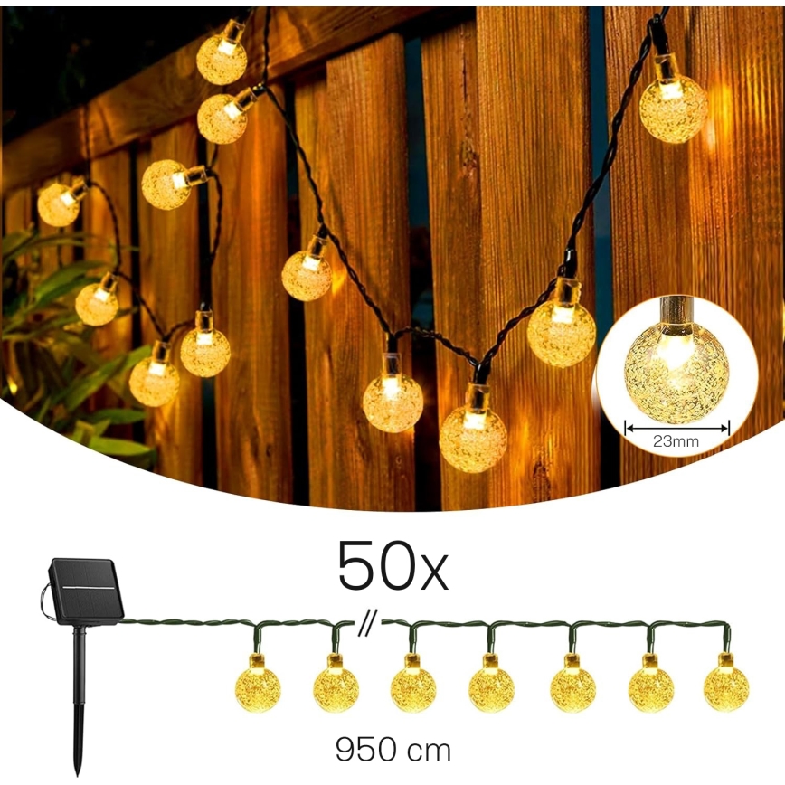 LED saulės dekoratyvinė girlianda, 50 LED / 8 režimai, 500 mAh, 9,5 m, IP67, šiltai balta