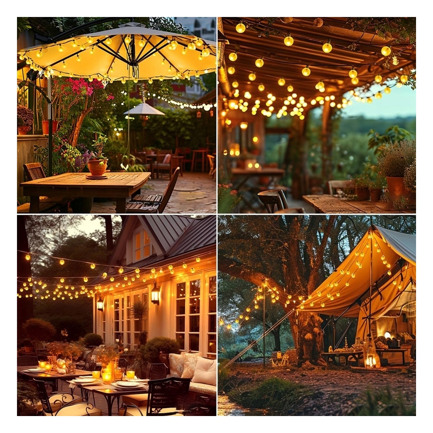 LED saulės energija maitinama dekoratyvinė girlianda, 30 LED / 8 funkcijų, 500 mAh, 6,5 m, IP67, šiltai balta