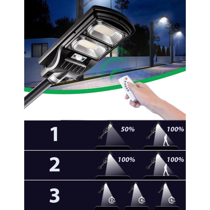 LED Pritemdoma saulės energijos gatvės lempa su jutikliu LED/120W/6V 6500K IP65 juoda + nuotolinio valdymo pultas