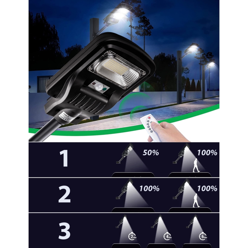 LED Pritemdoma saulės energijos gatvės lempa su jutikliu LED/150W/6V 6500K IP65 juoda + nuotolinio valdymo pultas
