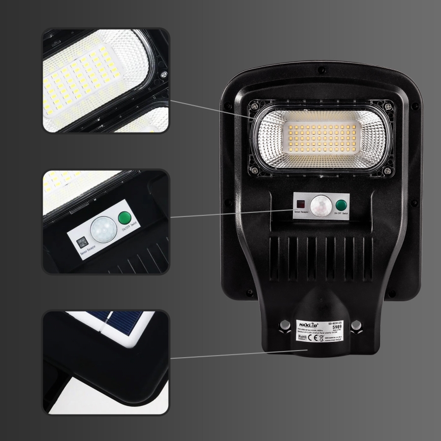 LED Pritemdoma saulės energijos gatvės lempa su jutikliu LED/150W/6V 6500K IP65 juoda + nuotolinio valdymo pultas
