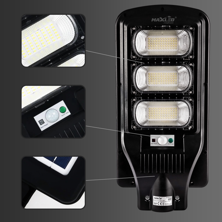 LED Pritemdoma saulės energijos gatvės lempa su jutikliu LED/180W/6V 6500K IP65 juoda + nuotolinio valdymo pultas