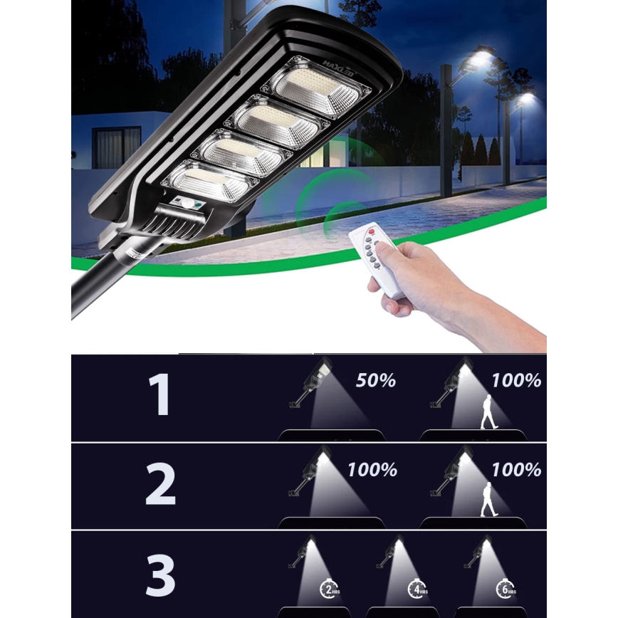 LED Pritemdoma saulės energijos gatvės lempa su jutikliu LED/240W/6V 6500K IP65 juoda + nuotolinio valdymo pultas