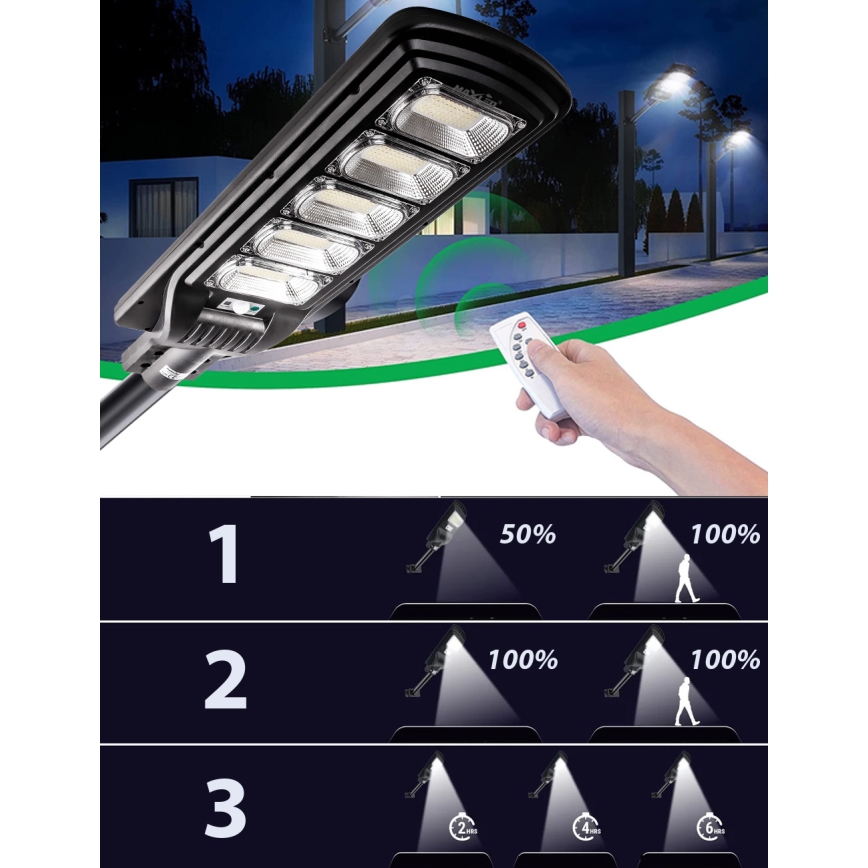 LED Pritemdoma saulės energijos gatvės lempa su jutikliu LED/300W/6V 6500K IP65 juoda + nuotolinio valdymo pultas
