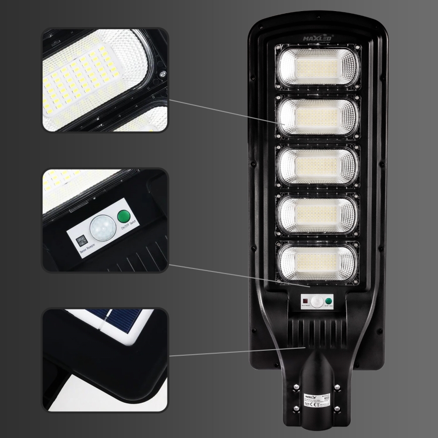 LED Pritemdoma saulės energijos gatvės lempa su jutikliu LED/300W/6V 6500K IP65 juoda + nuotolinio valdymo pultas