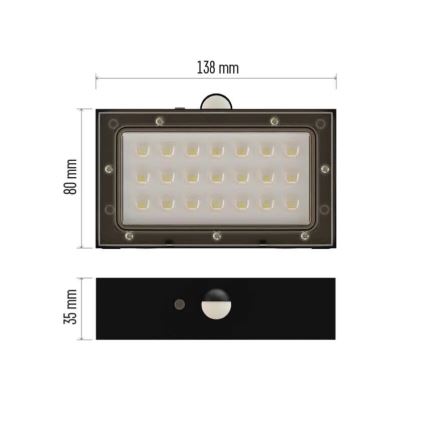 LED Saulės energijos prožektorius su judesio jutikliu LED/3,7V 1200mAh 4000K IP65 juoda