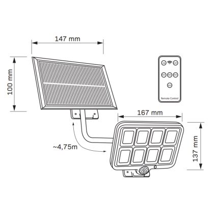 LED Saulės energijos prožektorius su jutikliu INTEGRA LED/3W/3,7V IP44 + valdymo pultas