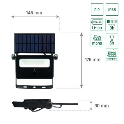 LED Saulės energijos prožektorius su jutikliu NOCTIS LED/2W/1800 mAh 3,7V 6000K IP65