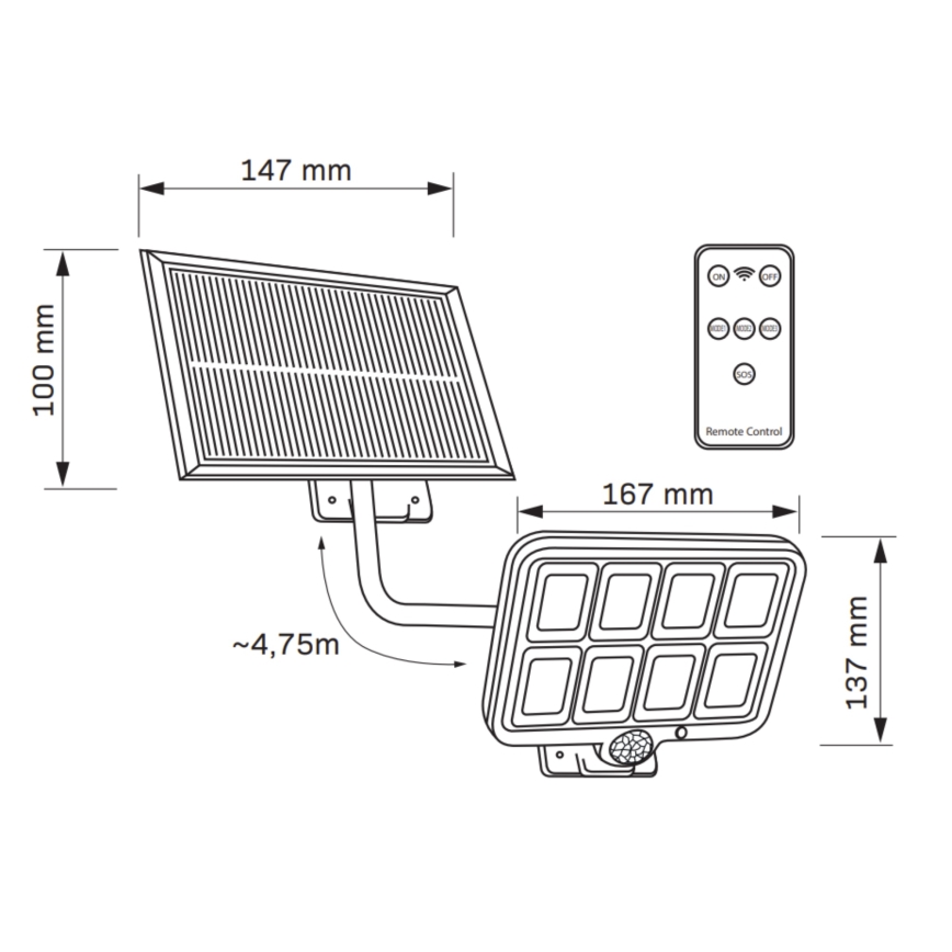 LED Saulės energijos prožektorius su jutiklliu INTEGRA LED/3W/3,7V 1200 mAh IP44 + nuotolinio valdymo pultas