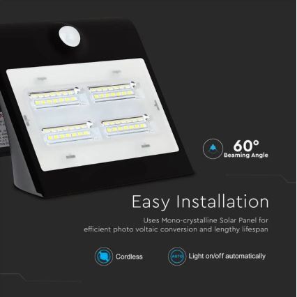 LED saulės energijos sieninis šviestuvas su jutikliu LED/3W/3,7V 3000/4000K IP65 juoda