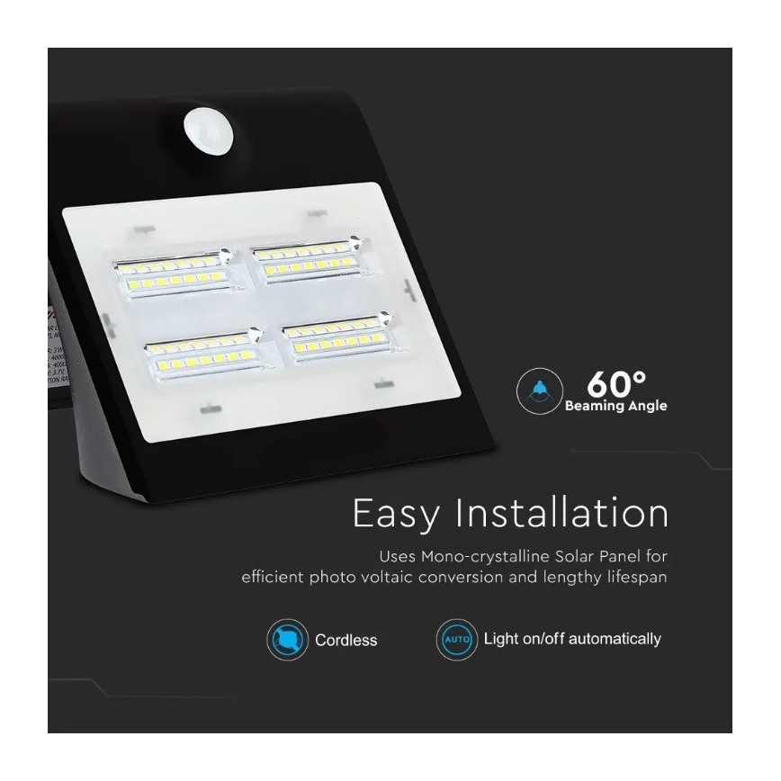 LED saulės energijos sieninis šviestuvas su jutikliu LED/3W/3,7V 3000/4000K IP65 juoda
