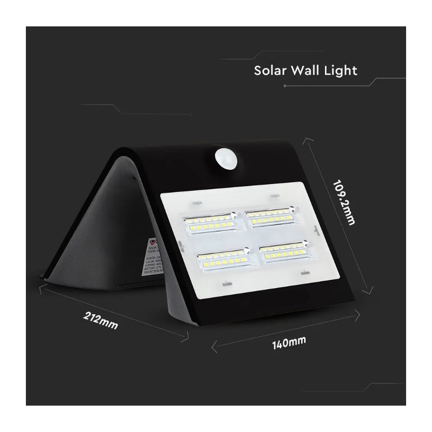 LED saulės energijos sieninis šviestuvas su jutikliu LED/3W/3,7V 3000/4000K IP65 juoda